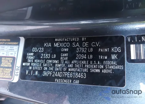 2023 Kia Forte Lxs из США, поврежденный, VIN 3KPF24AD7PE618463